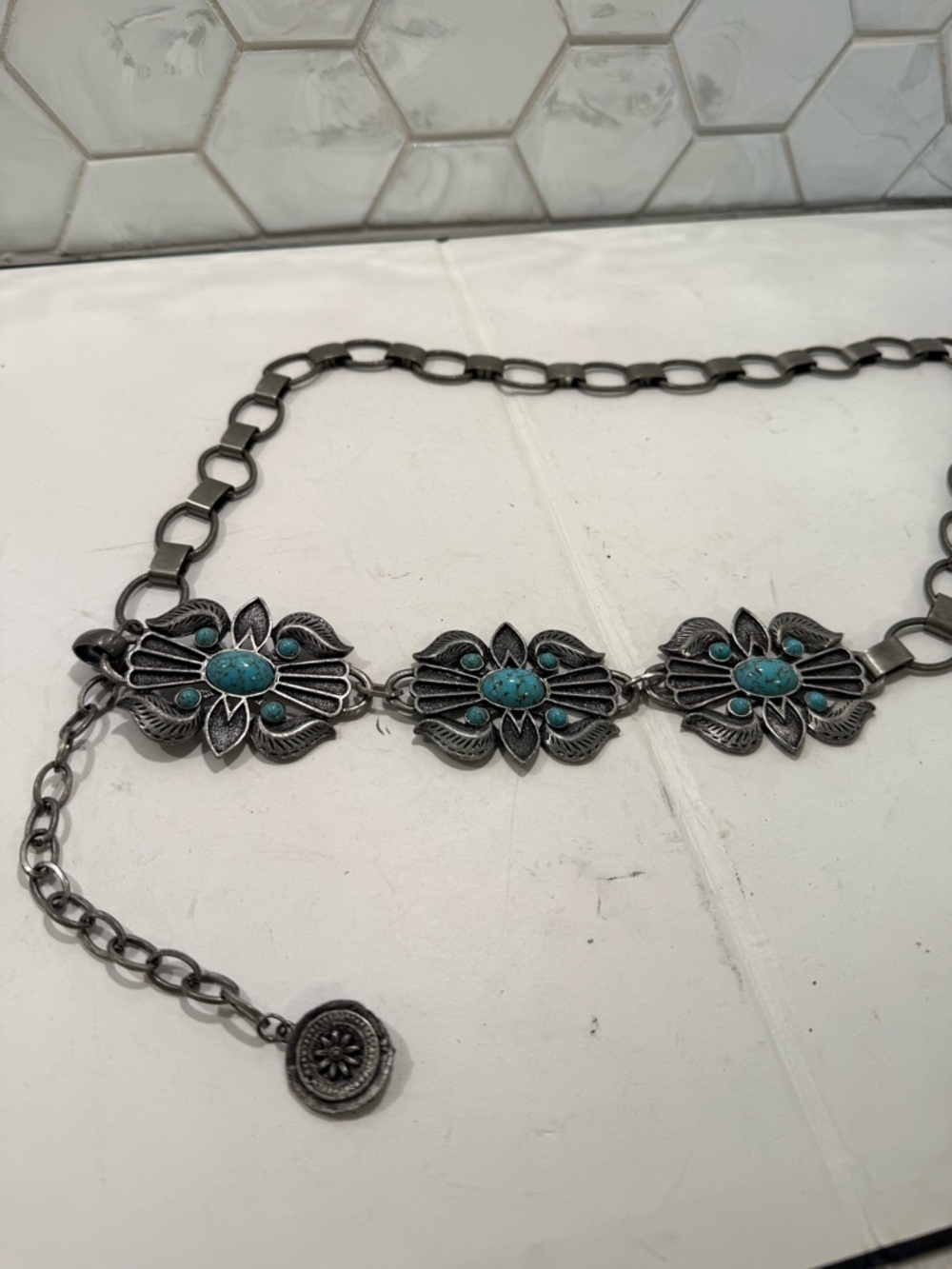 Silver Turquoise Concho Belt Boho Gypsy Western Chain Belt Festival - Picture 6 of 6